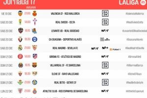 西甲第17轮赛程：12月21日4点皇马vs塞维利亚 23:15黄潜vs巴萨